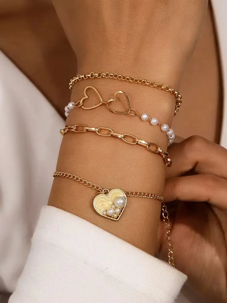 Aihua 3-teiliges Set Trendiges Goldfarbenes Ketten-Perlen-Herz-Armband für Damen, Modisches Mehrlagiges Armband & Armreif, Schmuckgeschenke – Detail 1