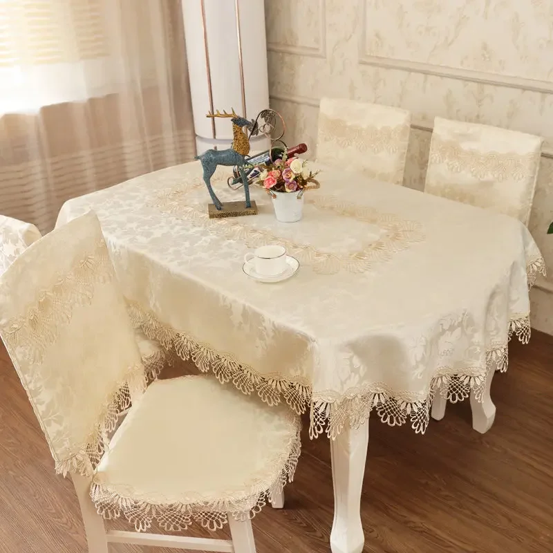 

Tablecloth Oval 198cm Lace with Floral Jacquard Table Cloth Europe Style Cream Luxury Ellipse Table Cover for Home Dining Table