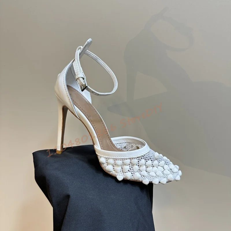 

Mesh with Stud Closed Toe Women's Shoes Stiletto Heeled Sandals Woman Rivet Ankle Strap High Heel Summer Party Shoes