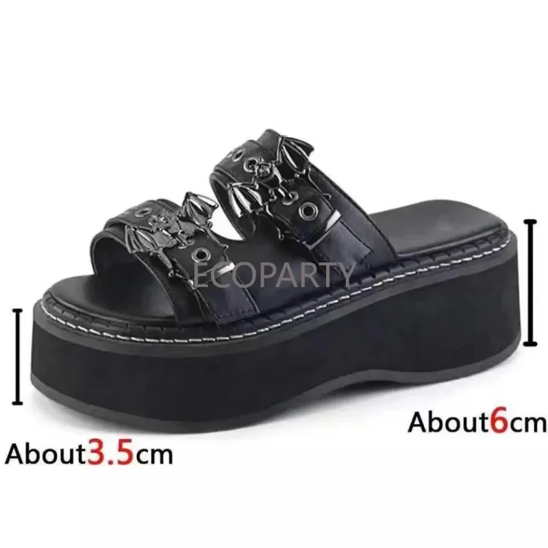 Skull Head Thick Sole Sandals Large Slope Heel Sponge Cake Water Table One-word Slippers  Female Rivets Ladie Shoes Slippers