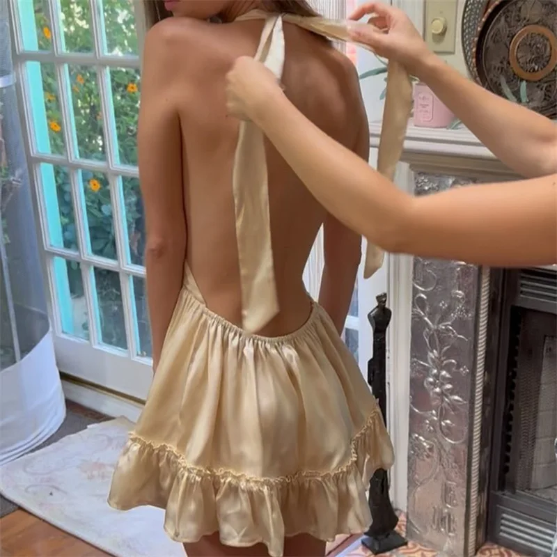 Vrouwen Halter Satijn Zijdeachtige Bandage Jurk Dame Verjaardag Bandage Open Rug Hotsweet Ruches Jurken Datum Diner Banketten Hot Jurken