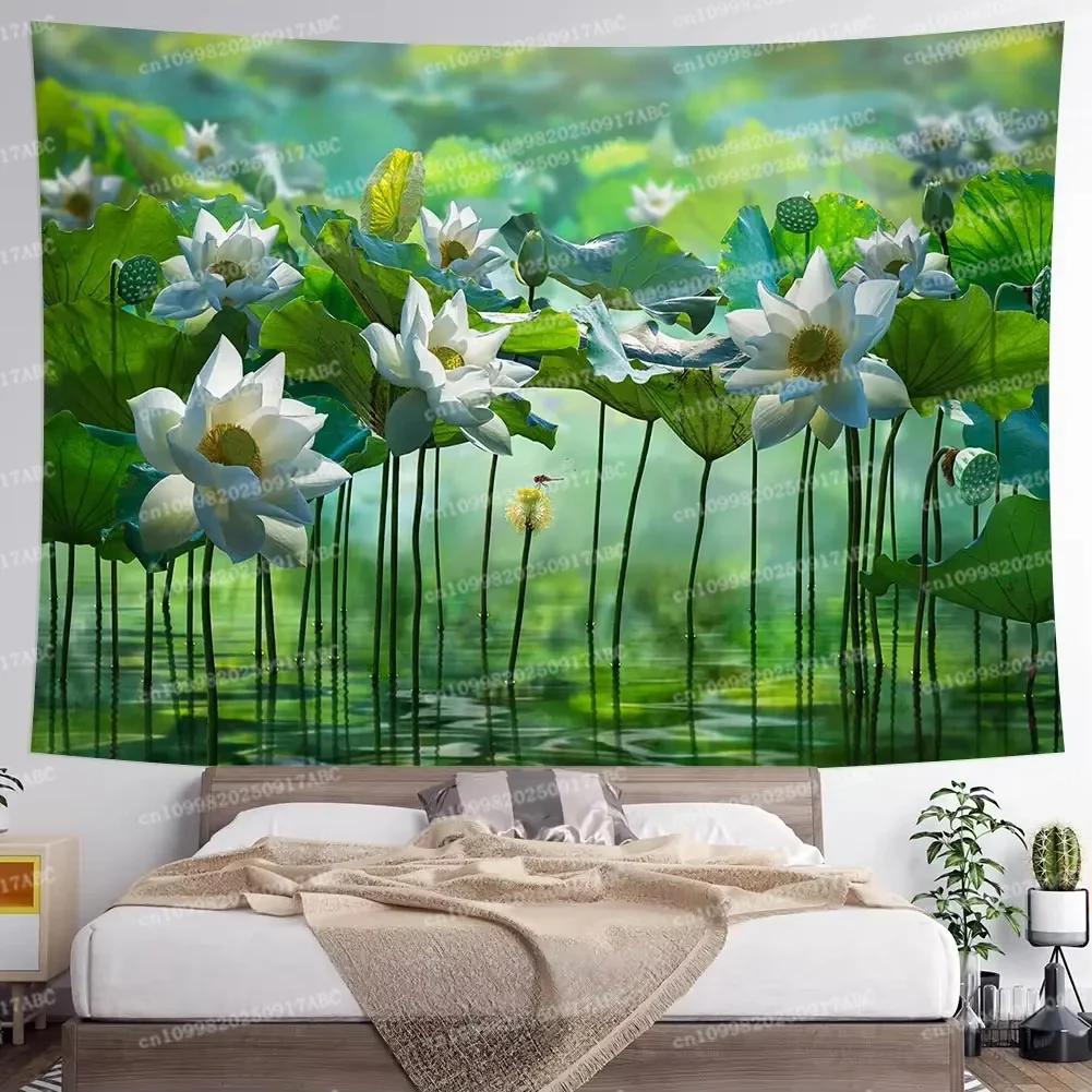 Wohnkultur Sommer Stil Wandteppich Lotus Druck Hause Wandteppich Polyester Wandteppich für Wohnzimmer Schlafzimmer Ästhetizismus Wandteppich