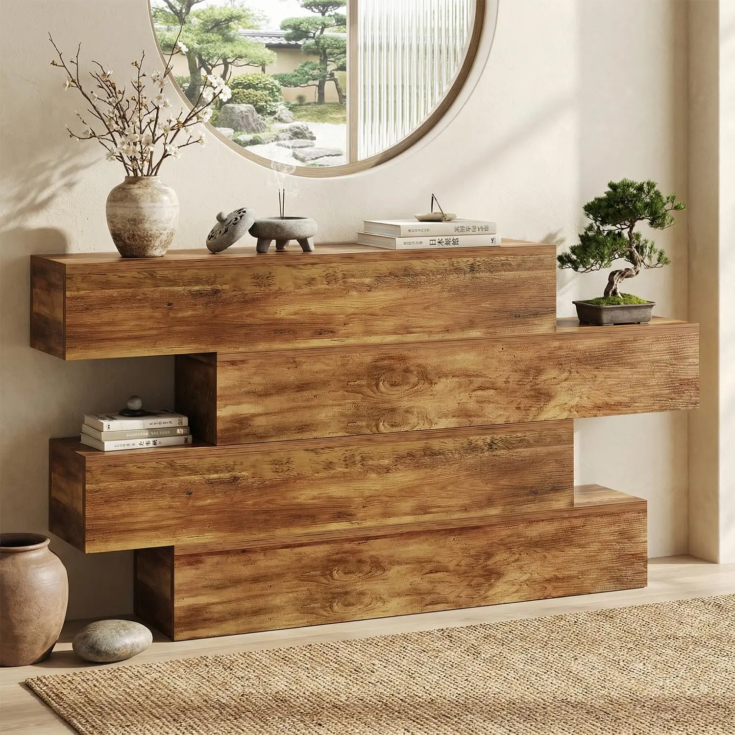 63 Inch Farmhouse Console Table 4 Tier Storage Rustic Wooden Sofa Table Behind Couch Staggered Entryway Living Room Hallway Foye
