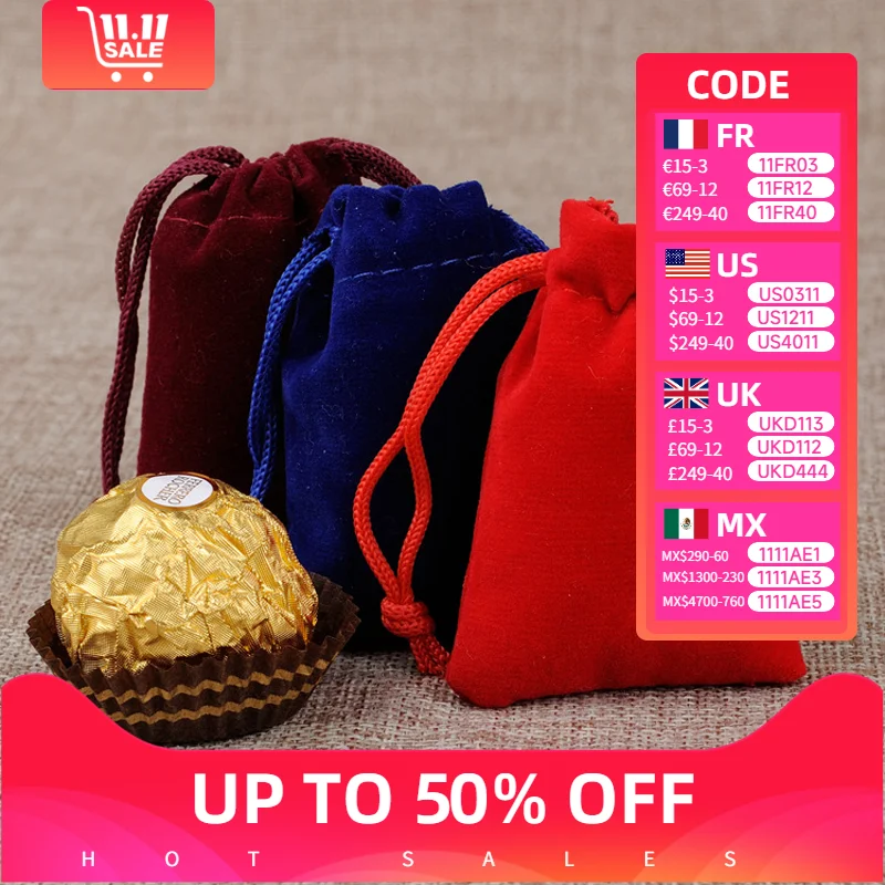 

100PCS/Lot Colorful Velvet Drawstring Pouches – Multi-Size Jewelry & Candy Storage, Festival Gift Display Packaging