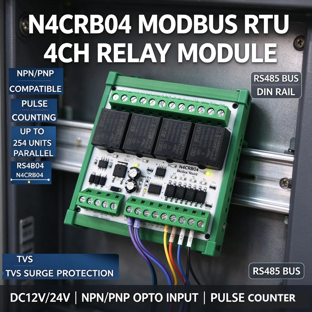 4CH RS485 Modbus RTU Remote IO Relay Module Opto-Isolated NPN PPN Input Pulse Counter Self-locking Interlock Momentary