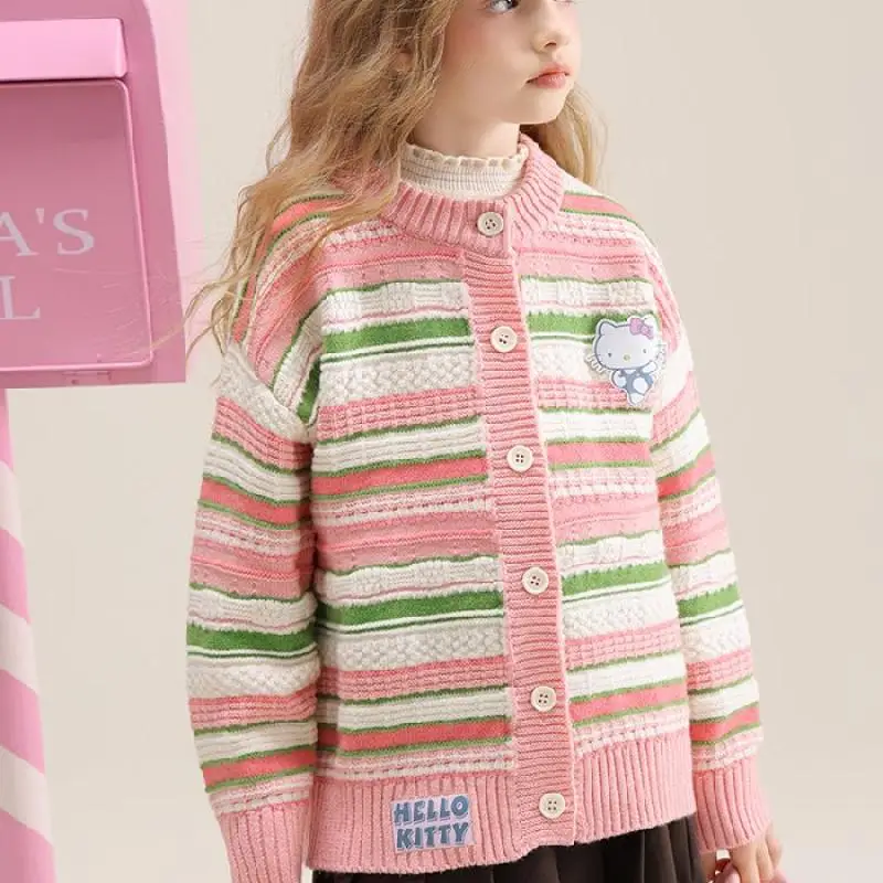 

Sanrio New Sweater Children Hello Kitty Spring Girl Cardigan Color Collision Comfortable Children's Clothing Kawaii Cartoon Gift