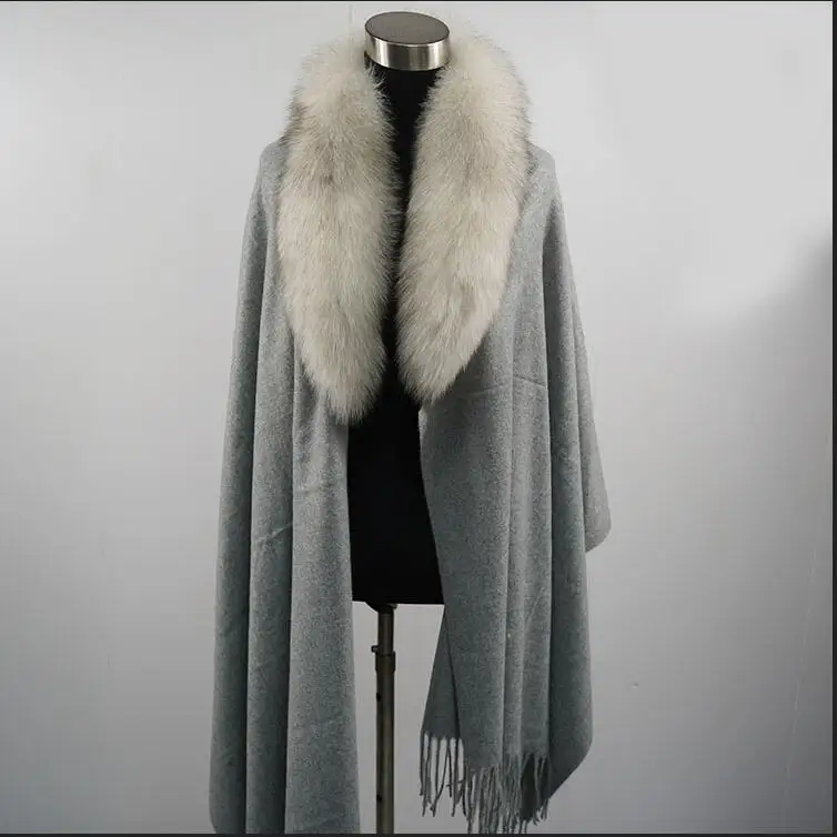 Long Style Winter 100% Wool Scarf with Genuine Fox Fur Trim Collar Women Fluffy Shawl Wraps