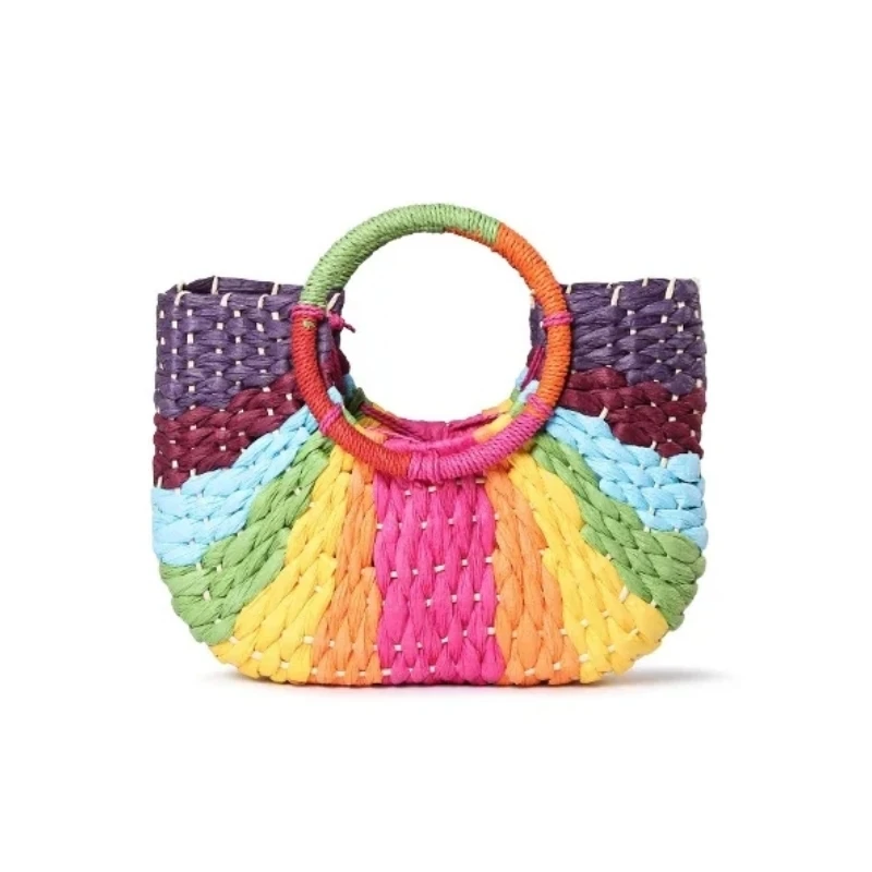Bohemian Color Contrast Straw Bag Rainbow Color Design Women's Hand-made Paper Weaving Handbag Summer Seaside Holiday Beach Tote