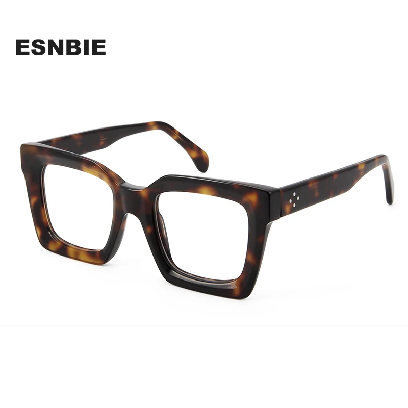 Oversized Thick Square Acetate Eyeglasses Frame Women Retro Tortoise Shell Clear Lens Optical Glasses Rivet Prescription Eyewear