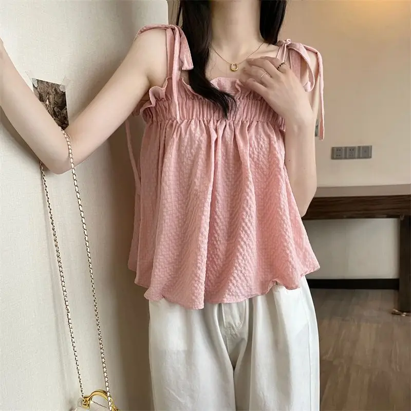 Tanks Women Pure Color Simple Kawaii Retro Bandage Trendy Schoolgirls Cropped Tops Summer Sleeveless Tender French Style Design