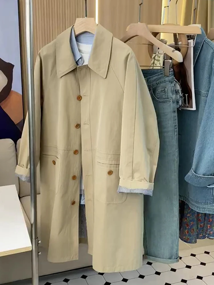 

Khaki Mid-Length Women's Coat Korean Sle Spring Autumn High Sensation Small Size Super Beautiful Commute Pure Color Long Sl...