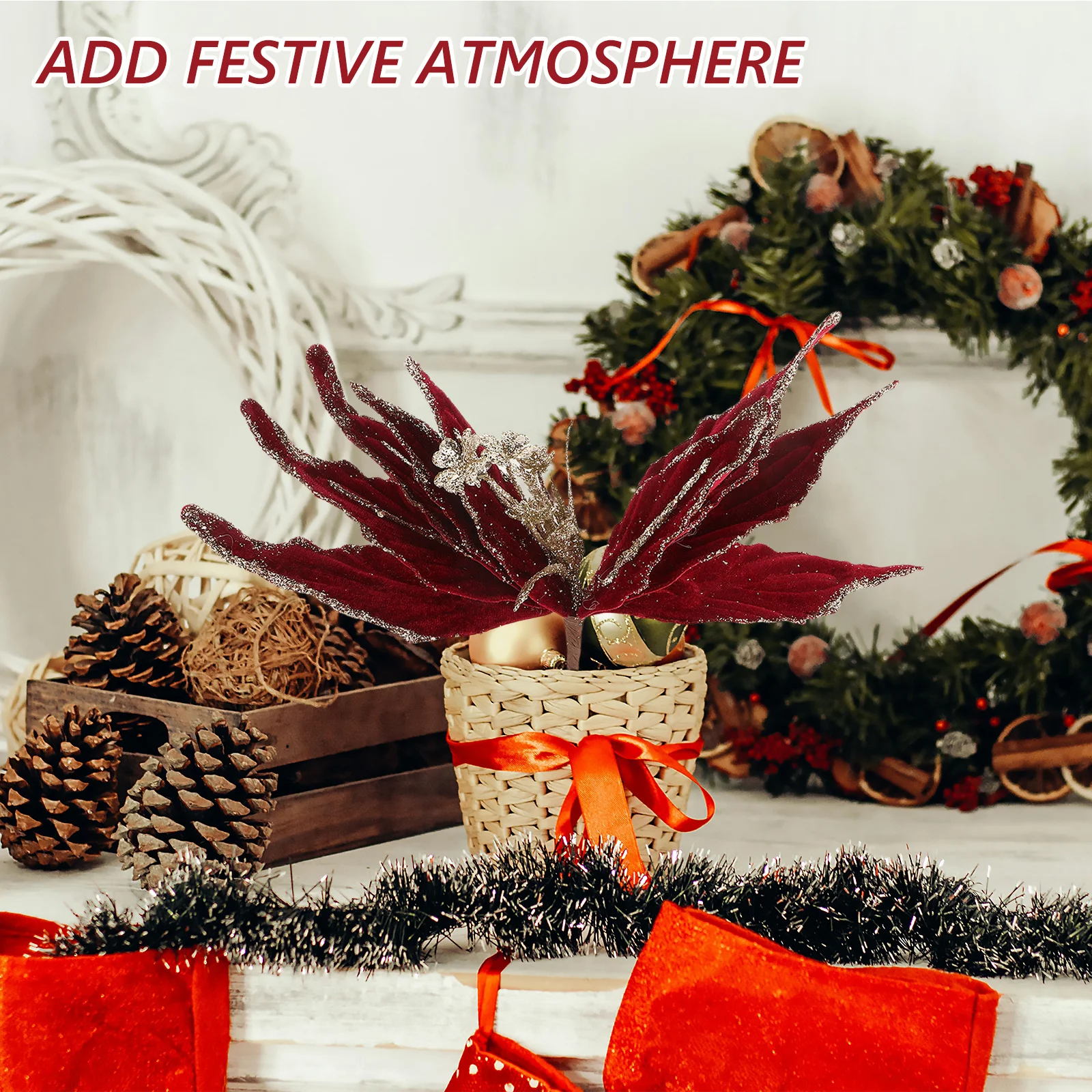 

Christmas Flower Decoration Glitter Poinsettia Flash Faux Flowers Artificial Berry Picks Flannel Floral for Wedding Wreath Gold