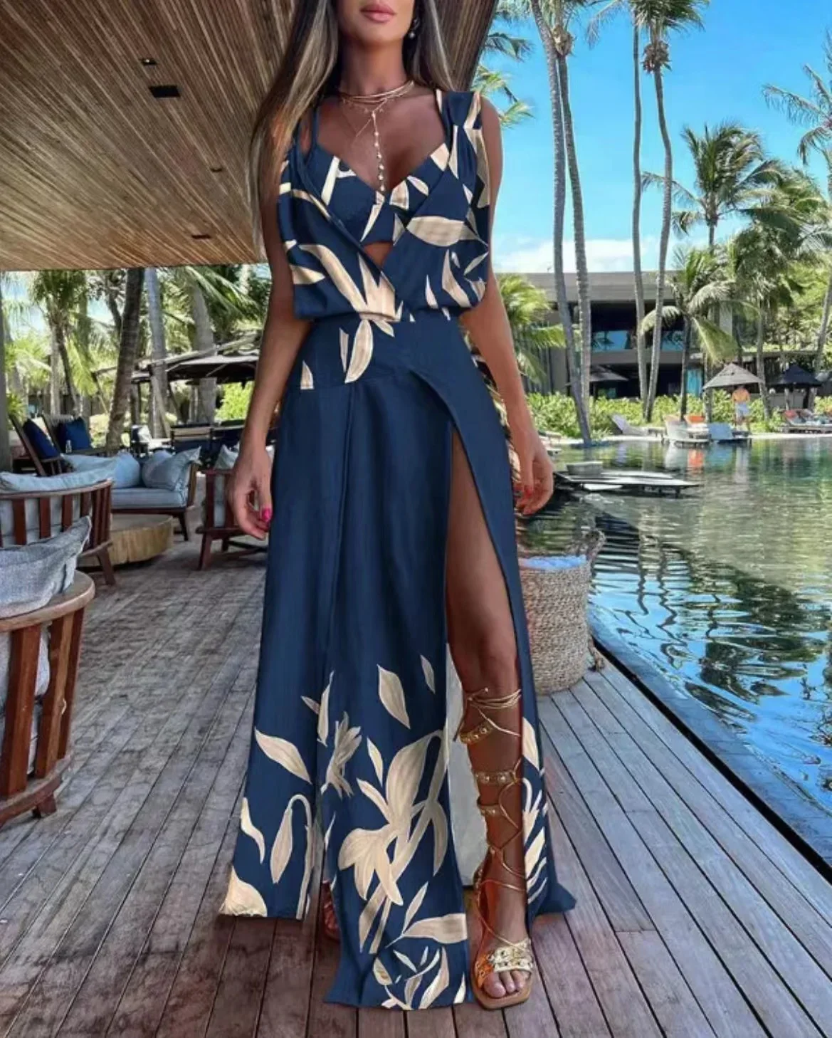 Sexy Women Sleeveless Plunge High Slit Maxi Sexy Dress with Bra Top 2023 Summer Femme Robe Casual Lady Dress Clothing