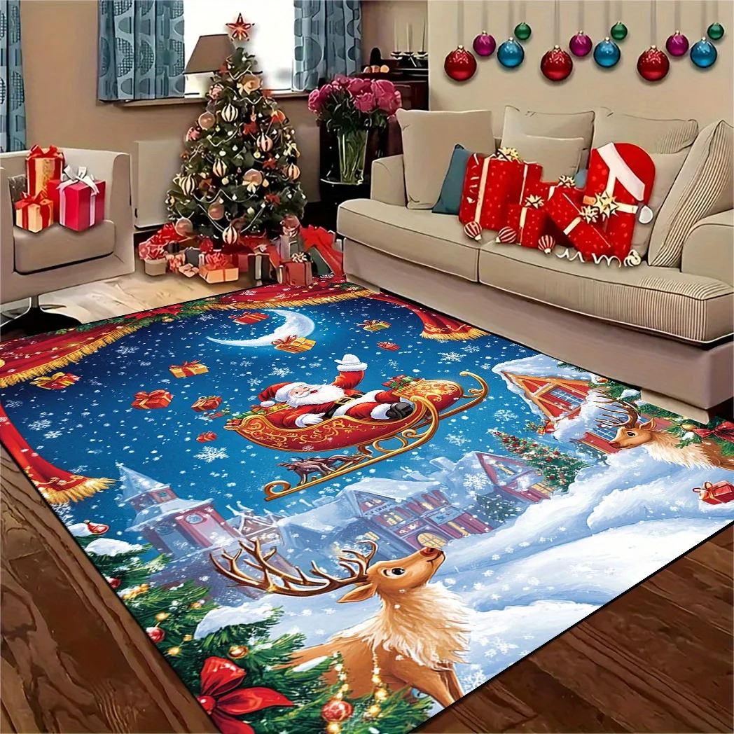 1pc Santa Reindeer Snowflake Pattern Area Rug, Non Slip, Ideal Holiday Home Decor, Perfect for Living Room Bedroom Bathroom