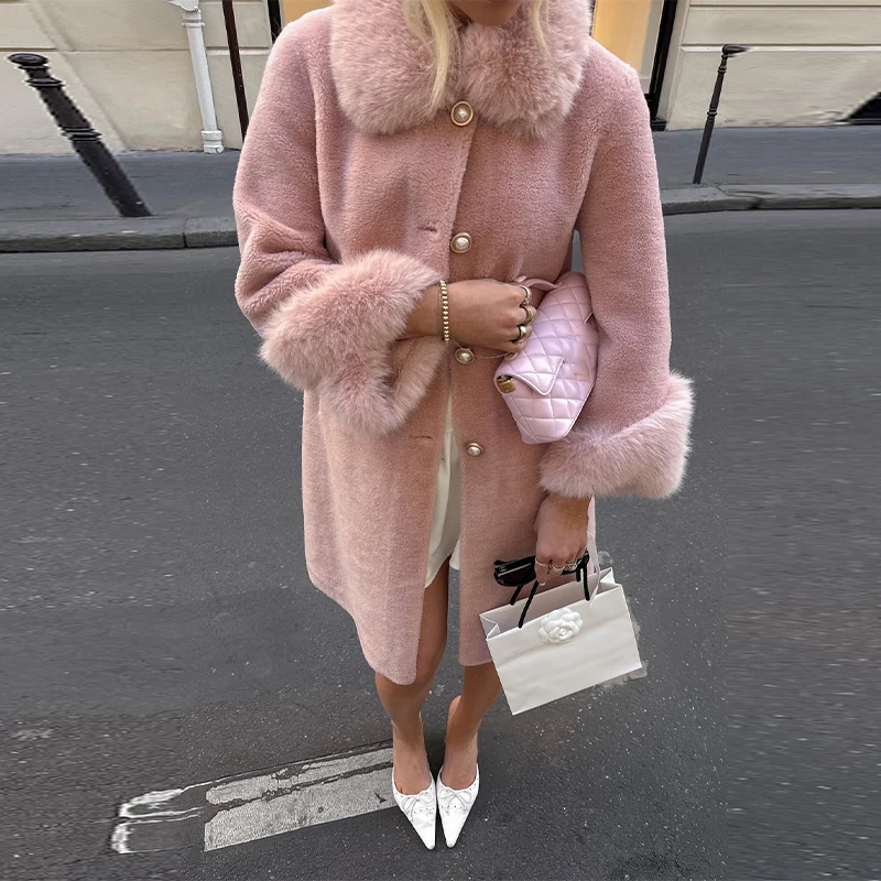 Elegante na moda casaco longo rosa bonito gola de pele do falso outerwear feminino moda data doce casual chique festa feminino streetwear