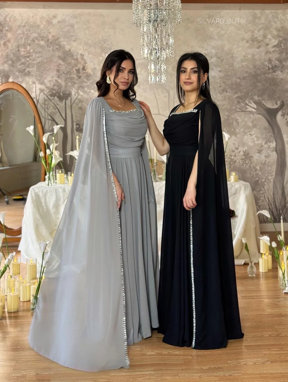 Custom Silver V-Neck Satin Evening Dress A-Line