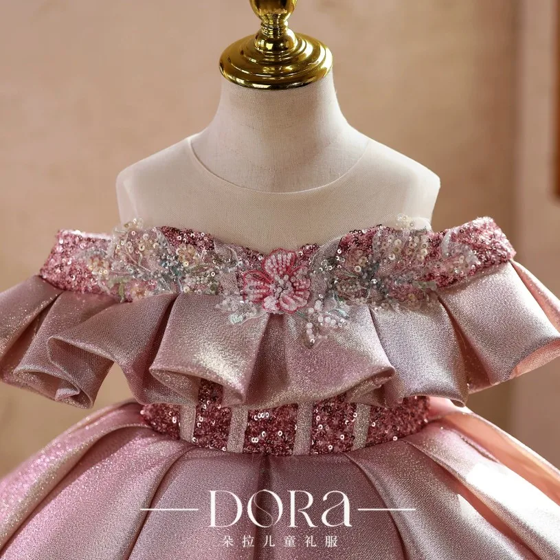 Mädchen Rosa Glitzer Festkleid Kinder Pailletten Ballkleid Geburtstagsfeier Klavier Aufführung Blumenmädchenkleider A5098 – Detail 7