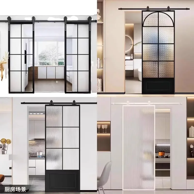 Nordic Wrought Iron Glass Barn Door Hardware Kit Retro Sliding Track for Kitchen Bathroom Interior Partition Modern Home