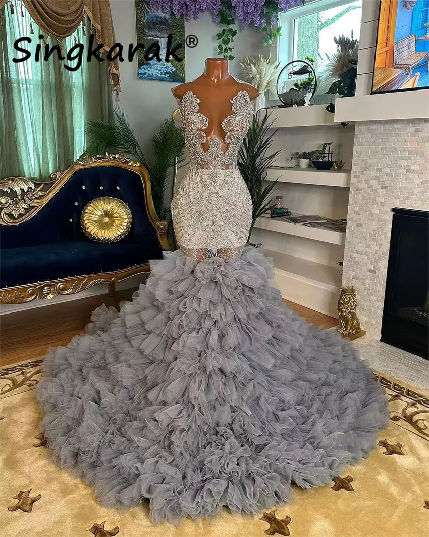 Charming Grey Organza Party Dresses Glitter Beading Diamonds Crystal Birthday Dress Ruffles Evening Gown Customized