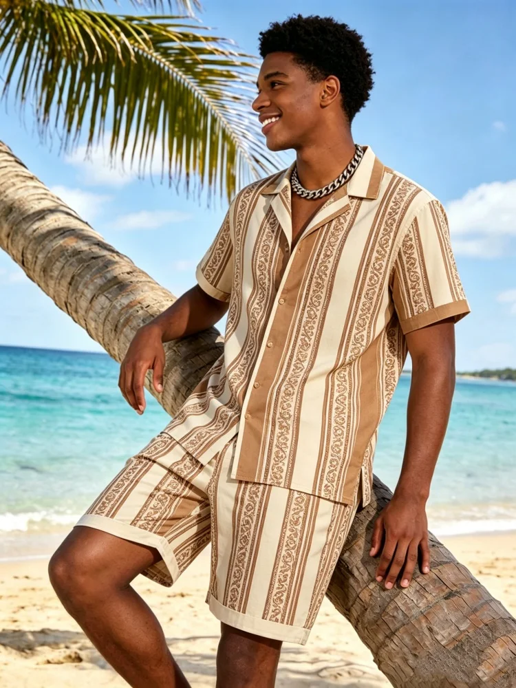 

Men's Short Sleeve Lapel Shirt & Shorts Set, Loose Comfort Striped Print Casual Summer Outfit