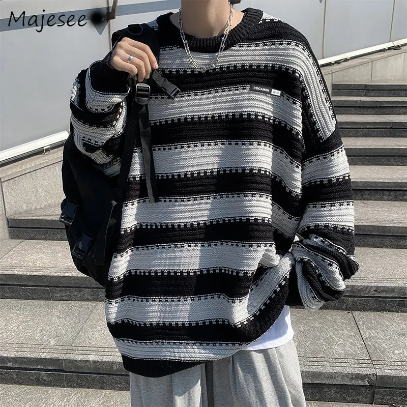 Panelled Pullovers Sweaters for Men Clothing Striped Baggy O-neck Knitwear Streetwear Teens Japanese Y2k Свитер Мужской Casual