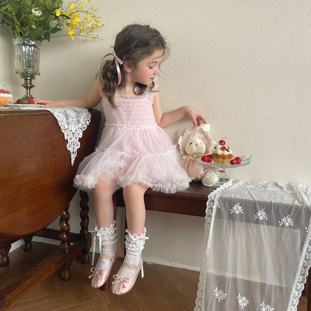 New Summer Childrens Socks Sweet Textured Slouch Socks for Girls with Four-layer Ruffle Edges and Thin Satin Bows