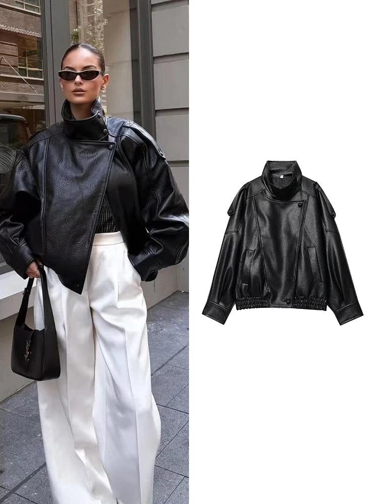 

﻿ 2025 Fall New Women PU Jacket Black Long Sleeve Oversize Faux Leather Zipper Jacket Motorcycle Style Personality Fashion Lady