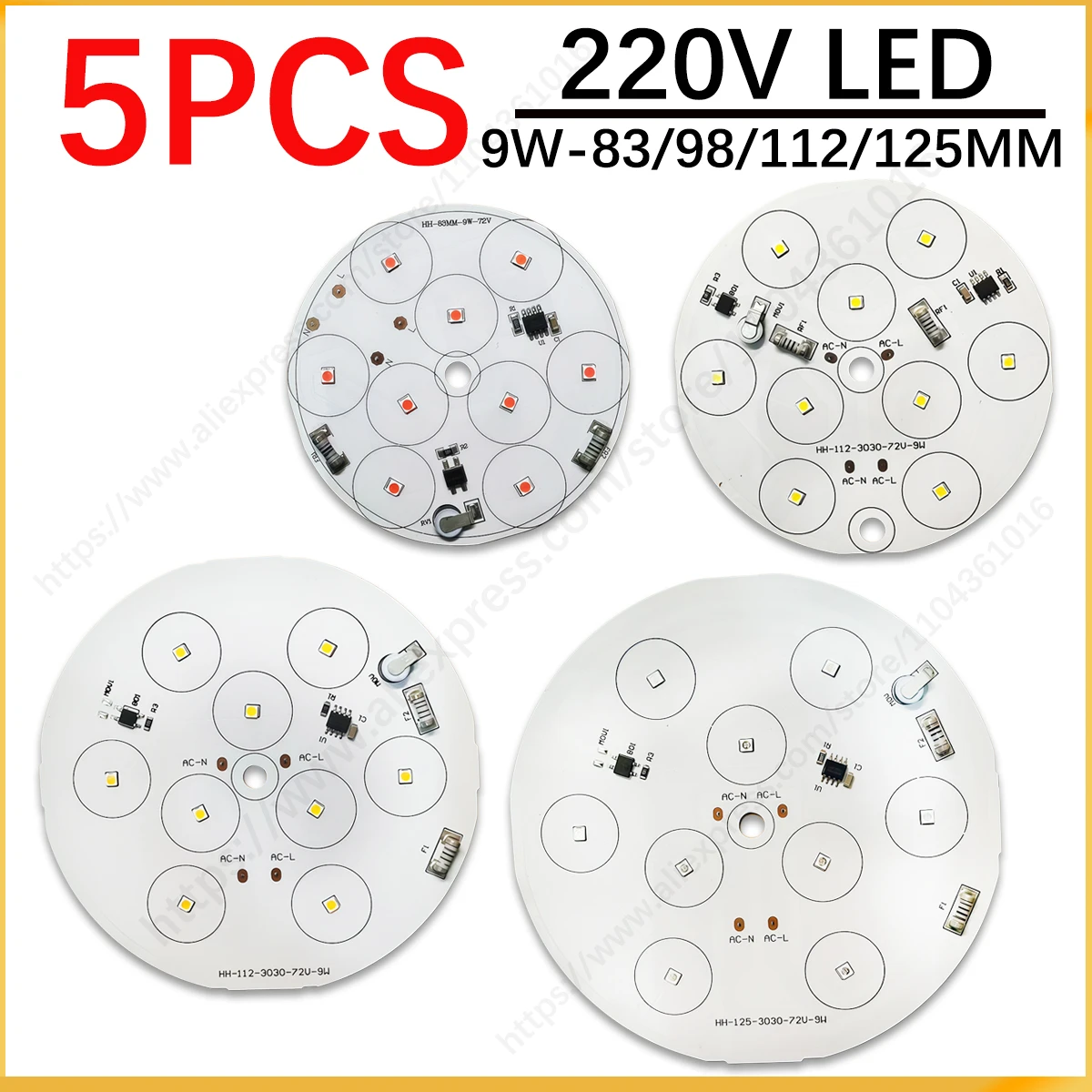 

5 шт. 9 Вт 83 мм 98 мм 112 мм AC220V LED 3030 SMD плата для лампы без драйвера, источник света, белый/теплый белый, печатная плата для лампы