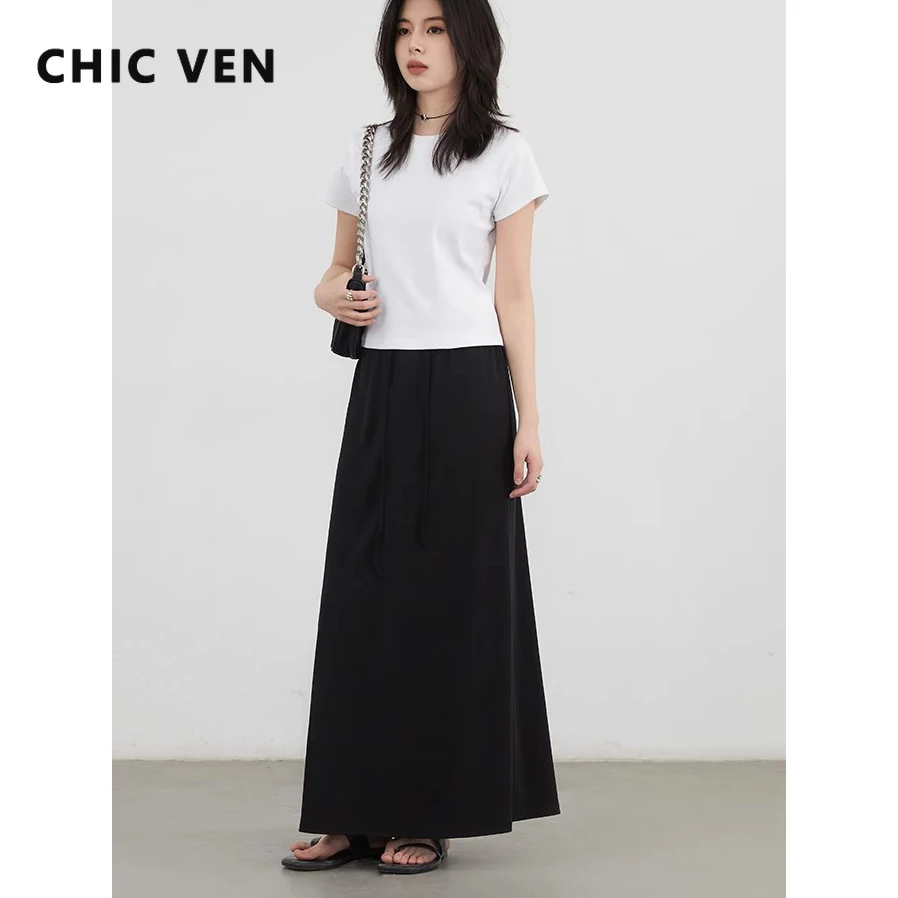 CHIC VEN Fashion Women Skirts Solid High Waist A Line Loose Elastic Waist Drawstring Female One Step Skirt Spring Summer 2026