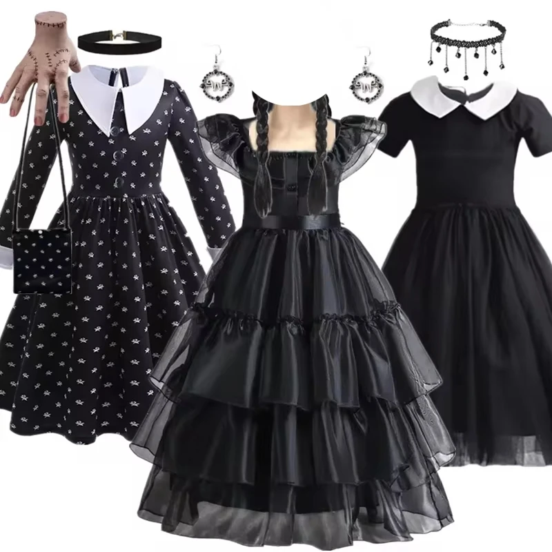 2024 Wednesday Children Girl Dress Costume for Girls Kids Halloween Carnival Cosplay Black Gothic Party Dresses for Girls