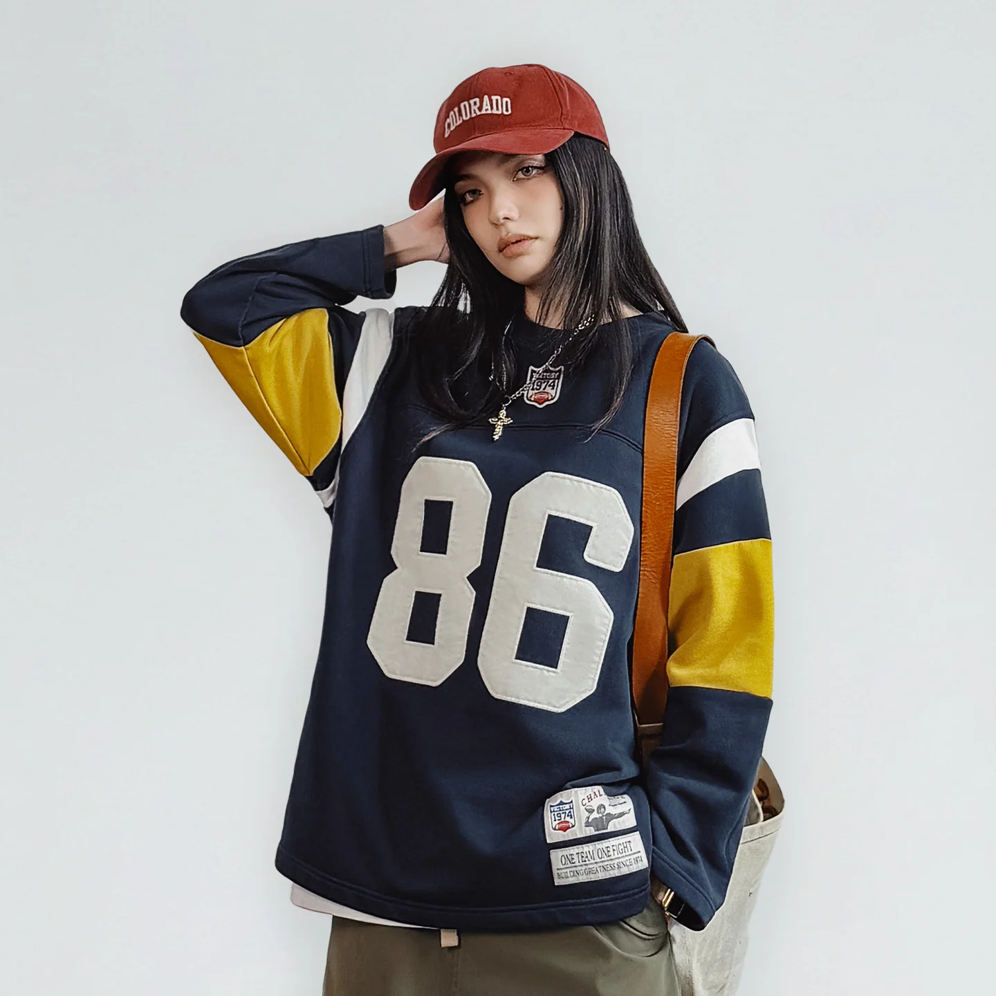 Women’s Retro Embroidered Rugby Pullover Sweatshirt - Mid-Length Cozy Fit