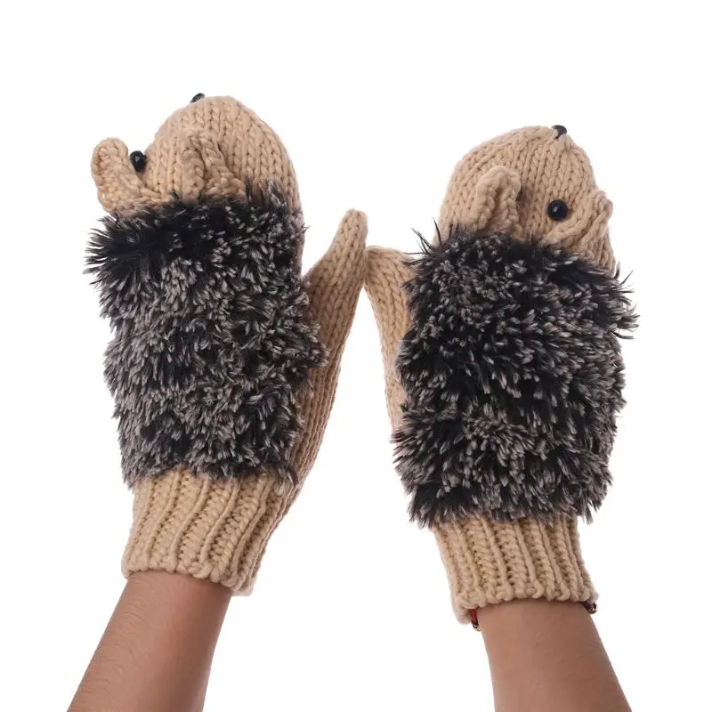 Womens Cartoon Hedgehog Gloves Thicken Winter Hand Warmer Knitted Wrist Mittens