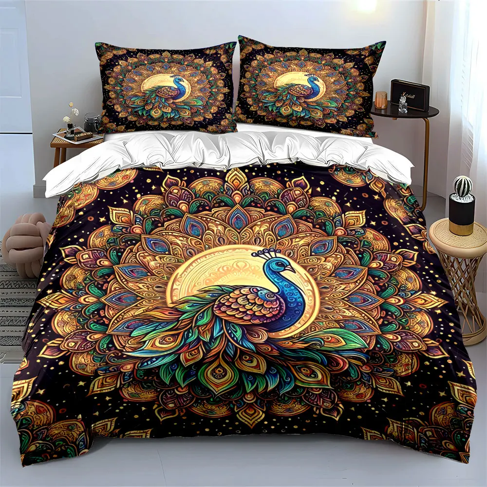 Peacock Mandala Art Set Decoration Soft Skin-Friendly Bedding Set Includes 1 Duvet Cover And 2 Pillowcase, Gift