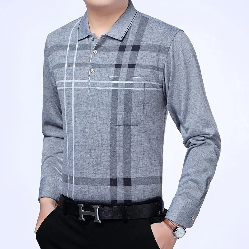 2023 Spring Oversized Men's Clothing Long Sleeve Striped Printed Spliced Pockets Lapel Loose Business Casual Fashion POLO Shirt