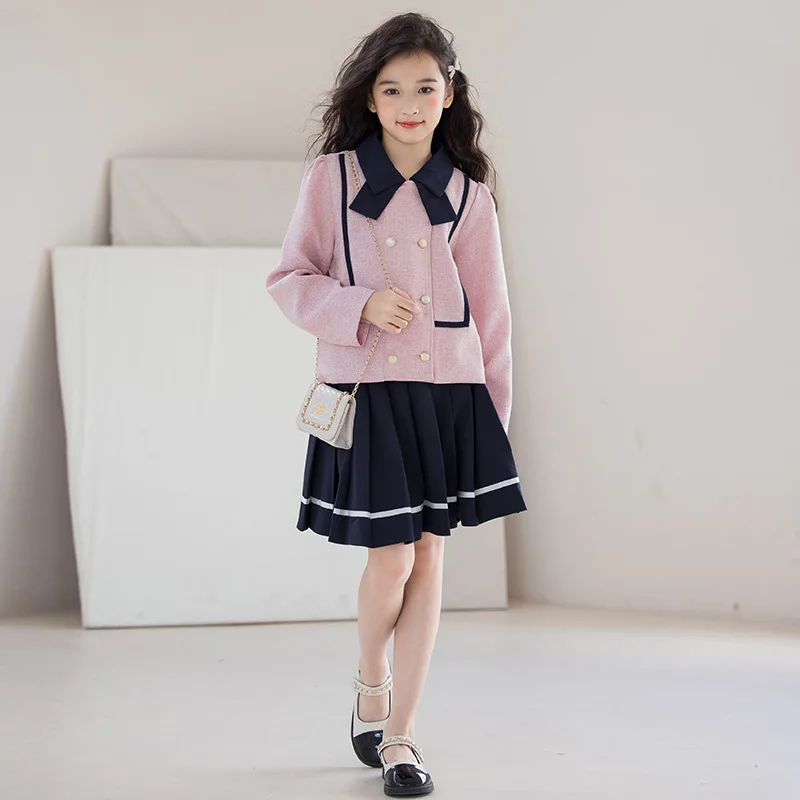 Korean Spring Autumn Junior Girl 2PCS Clothes Set School Girl Bow Collar Double-breasted Buckle Coats+Pleated Skirt girls set