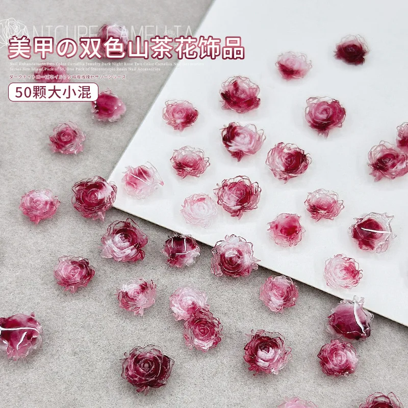 50PCS Blood Shading Acrylic Rose Flower Nail Art Charms Parts  Camellia Accessories Manicure Material Nails Decoration Supplies