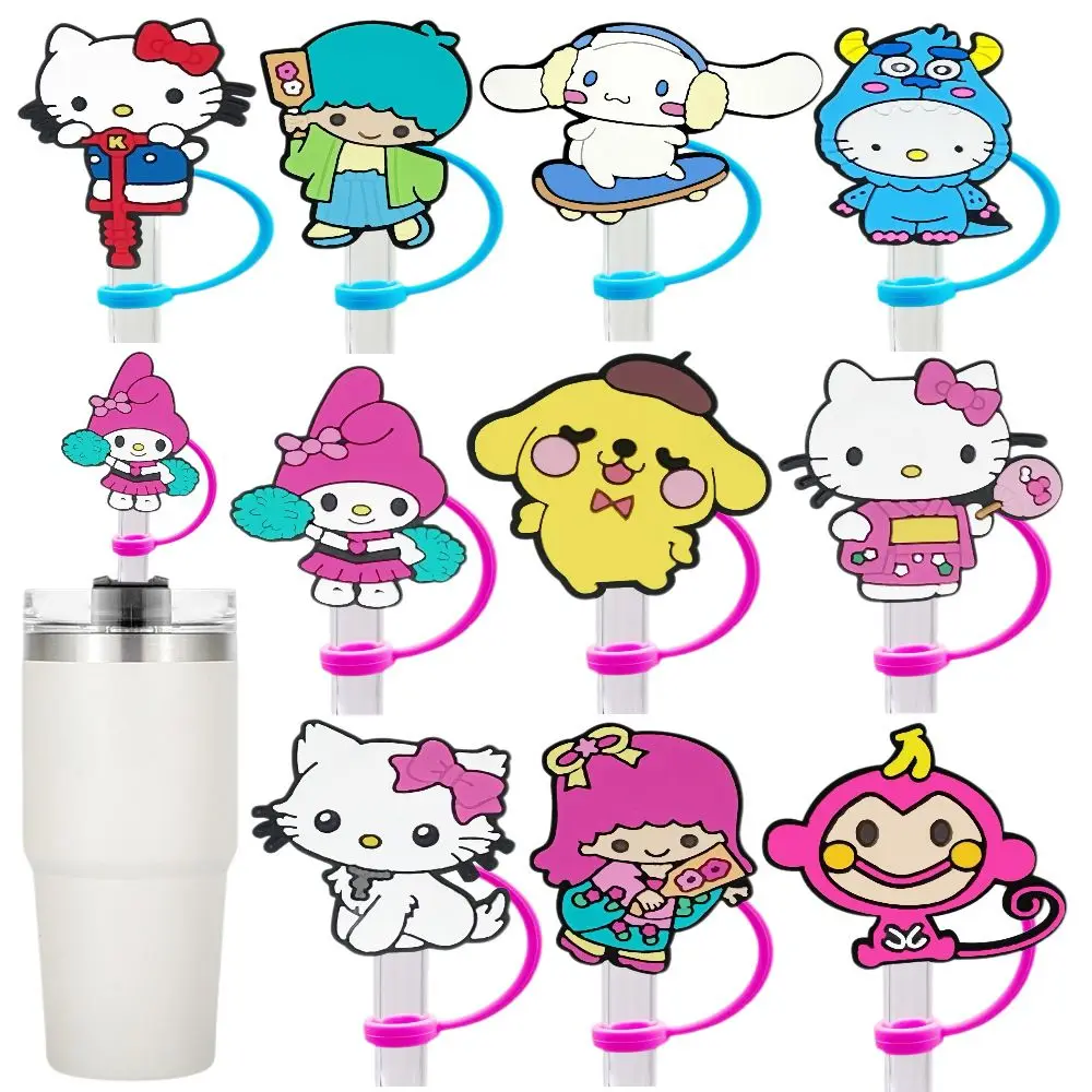 Hello Kitty Straw cover cap,10MM cartoon Silica gel Drink Straw Plug ,Reusable Splash Proof Drinking Fit Cup Straw Cap Pendant