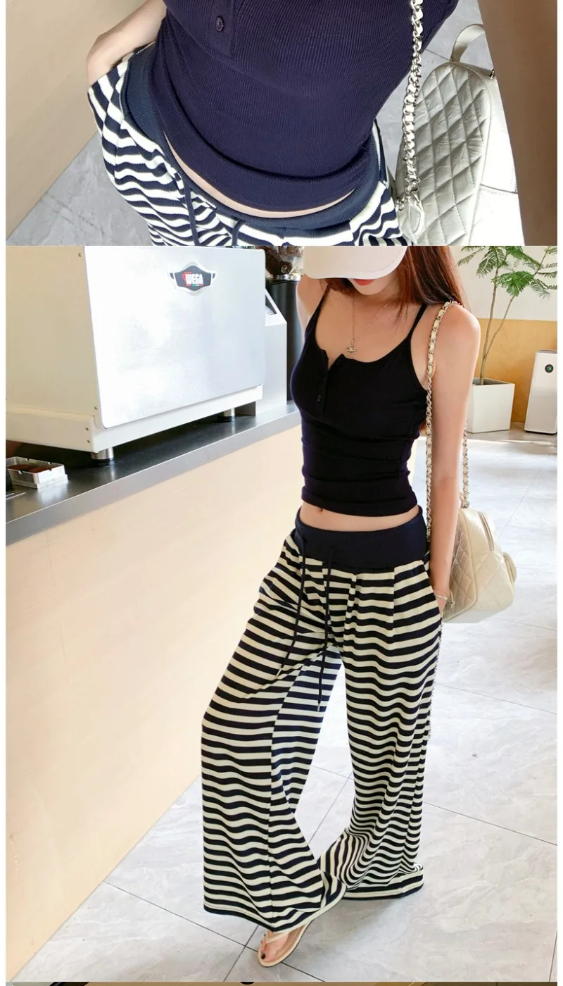 Schwarz-weiße, gestreifte Freizeit-Hosen für Damen, hochtaillierte Hosen mit Kordelzug und geradem Bein, lockere, fließende Hosen mit weitem Bein. – Detail 9