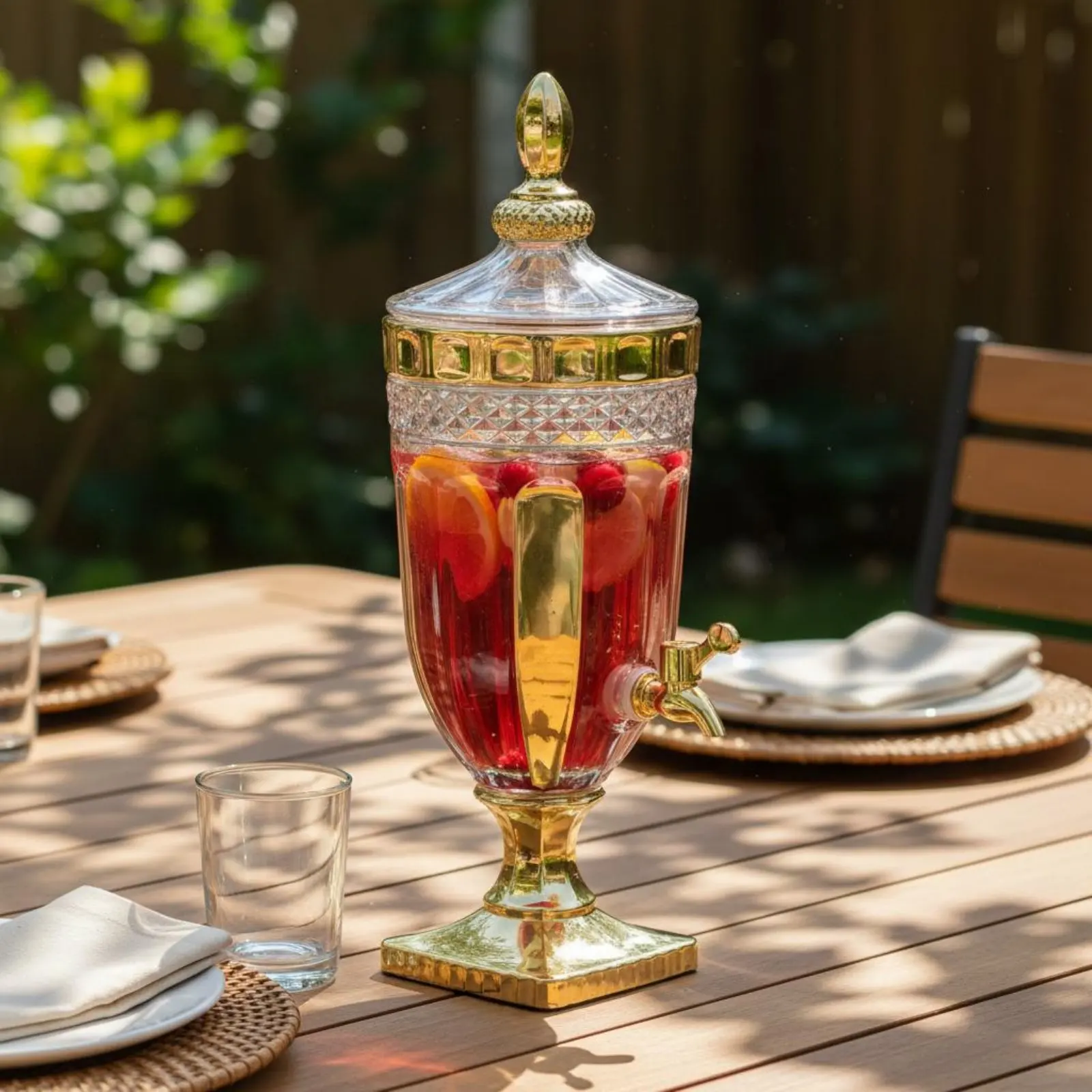 Glass Beverage Dispenser with Spigot Transparent Structure Crystal Cut Water Container Vintage Design Drink Jar Wide Opening