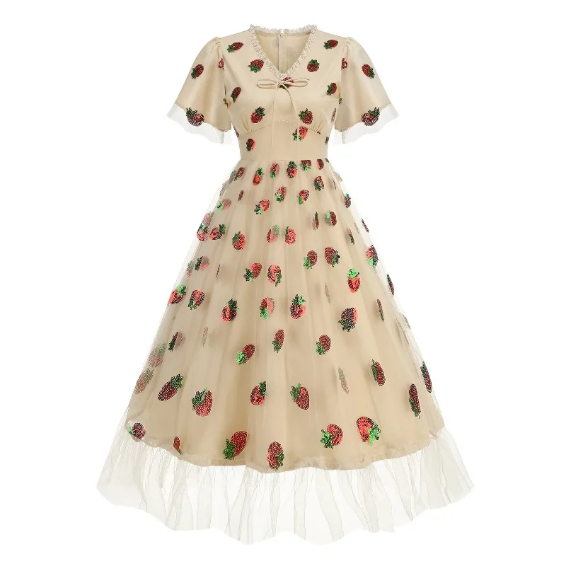 2023年新作 ヘップバーン風 ストロベリー スパンコール メッシュ ロングドレス レディース レース縁 Vネック ハイウエスト レトロ イブニングパーティー プロム エレガントドレス