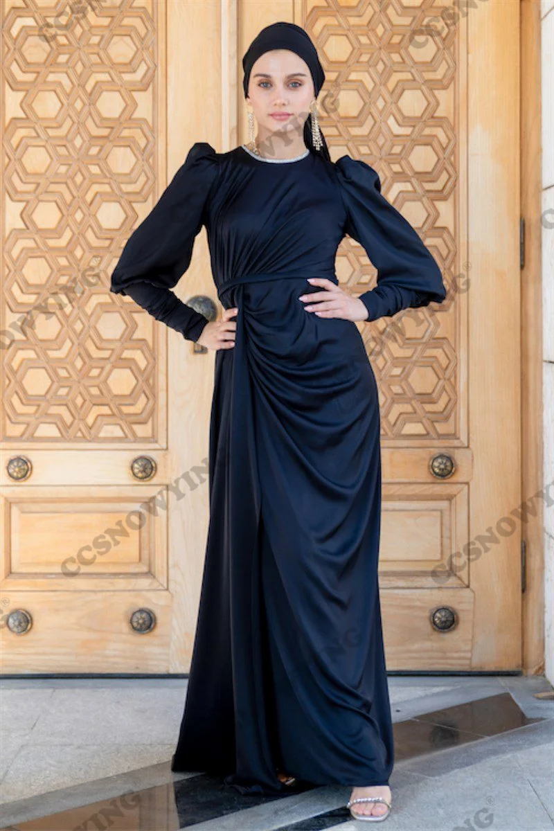 

Simple Satin Long Sleeve Muslim Evening Dresses Hijab Islamic Formal Party Gown Women Arabic Kaftan Robe De Soiree