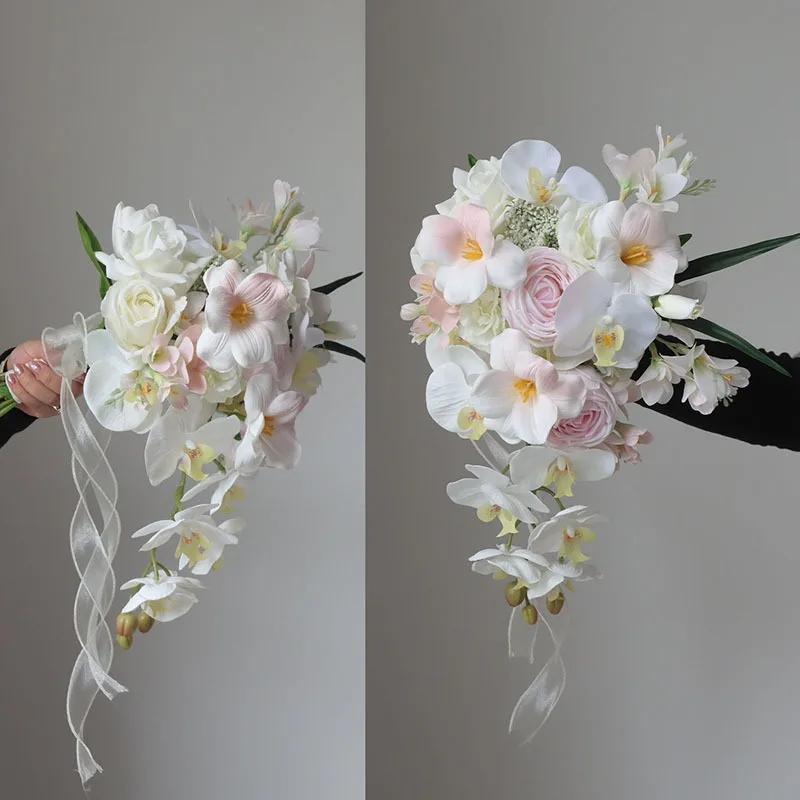 

Романтический розовый букет с водопадом, имитация цветка, свадебное платье невесты премиум-класса, сертификат, фотобукет