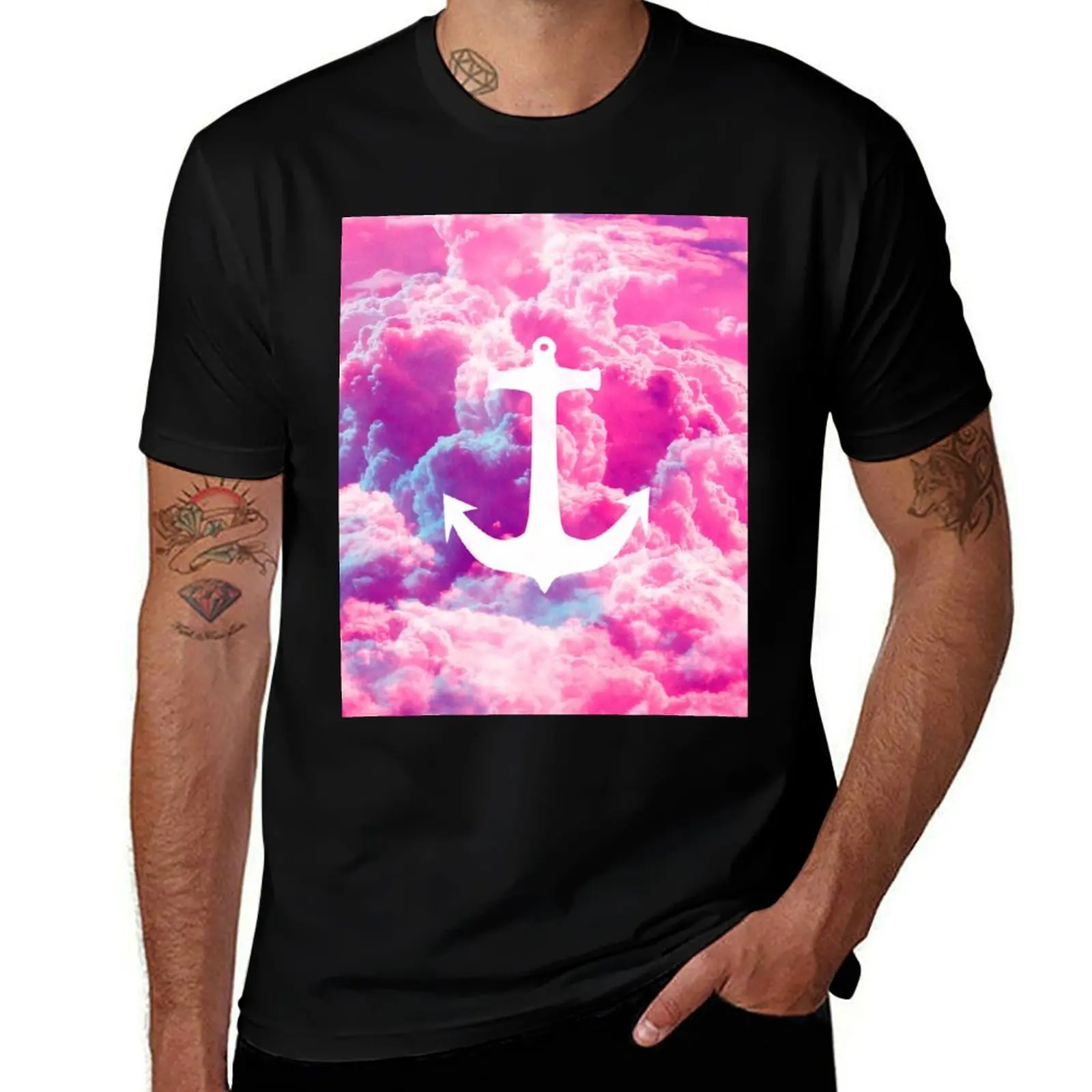 Girly Nautical Anchor Bright Pink Clouds Sky T-Shirt graphic t shirt vintage oversized tees cute tops t shirts for men cotton