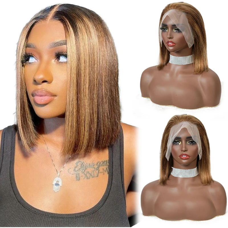 

100% Human Hair 10-16inch P4/27# 4x4 13X4inch Lace Frontal Wigs Pre Plucked Natural Hairline 150% Density Straight Bob Wig