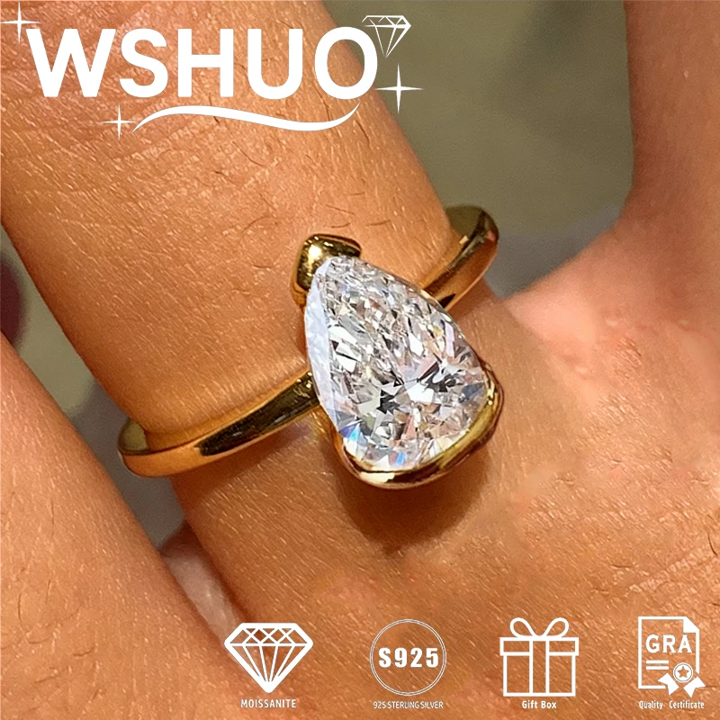 

WSHUO 4CT Pear Cut D VVS1 Moissanite Rings 18K Gold Plated 100% S925 Silver Diamond Wedding Band for Women Fine Jewelry Gifts