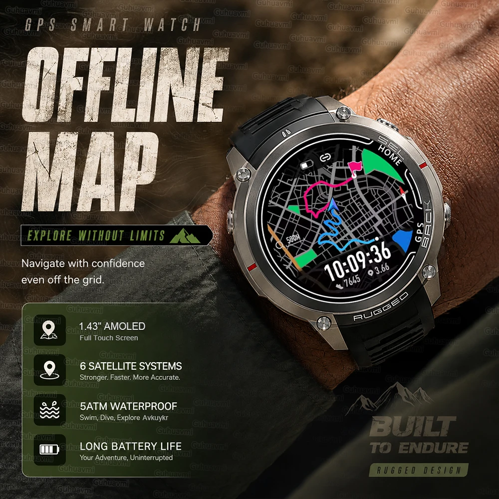 Nouvelle Montre Connectée Militaire 2026 avec Carte Hors Ligne GPS pour Hommes, Écran AMOLED 1,43'', Boussole, Altimètre, Étanchéité 5ATM, Idéale pour la Natation et les Activités Sportives en Extérieur