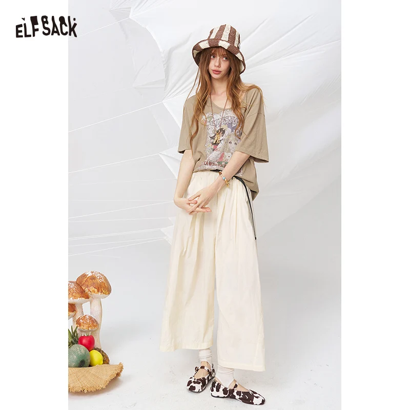 

ELFSACK Cream Pleated Wide Leg Pants, Drawstring High Waist Casual Trousers, Loose Bottom for Women