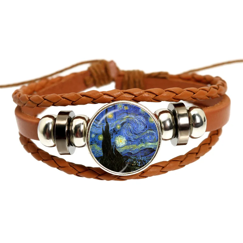 2022 Hot Sell Van Gogh Almond Branch in Bloom Art Pendant Leather Bracelet Famous Painting Glass Cabochon Accessories Gift