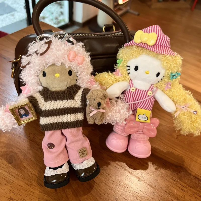 Lindo edición de alta costura Kitty con piernas largas pelo largo y rizado llavero de felpa muñeco de peluche DIY patas largas con tachuelas de diamantes KT