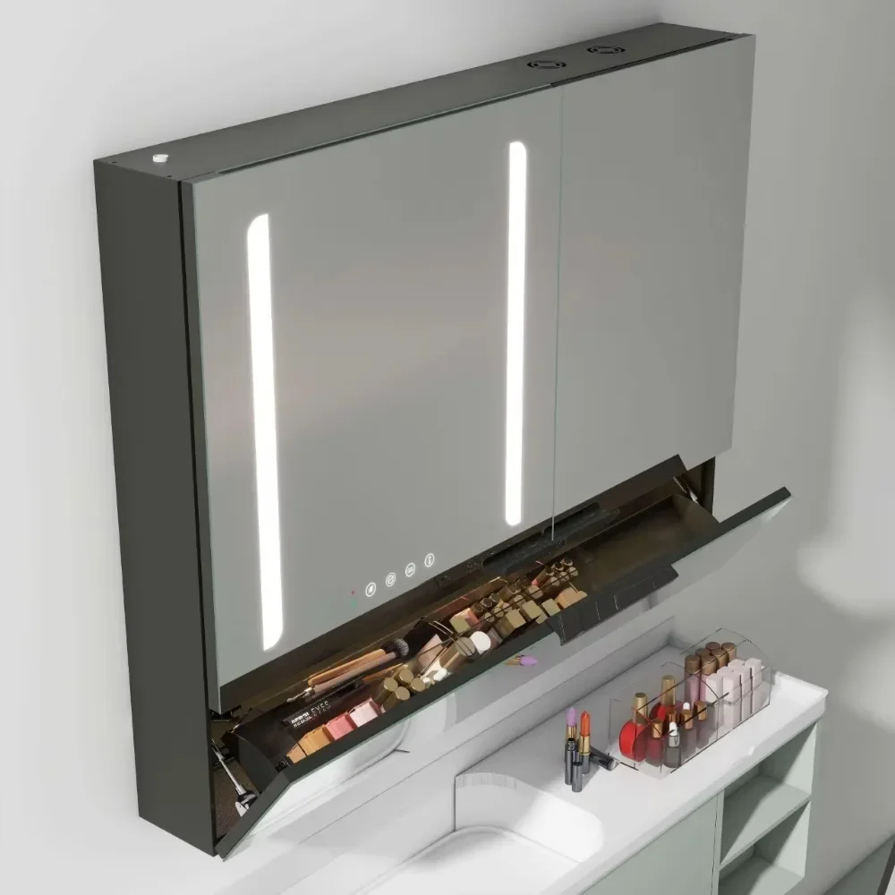 LED Mirror Cabinet with Two Doors Built-in Magnifying Mirror Big Capacity Storage Hidden Cosmetic Drawer Socket Aromatherapy
